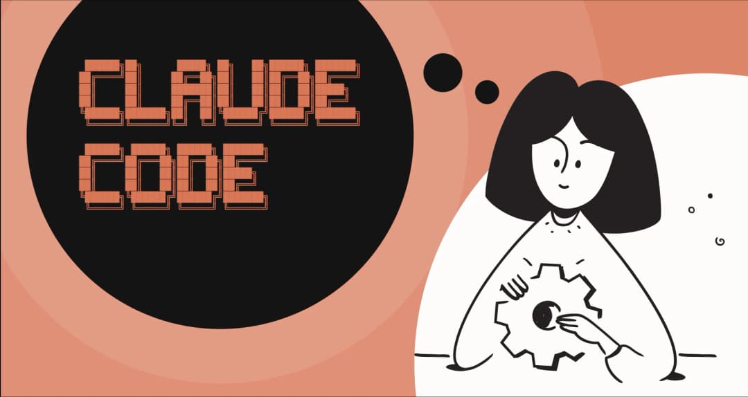 Orange Claude Code lettering beside an illustrated person holding a gear.