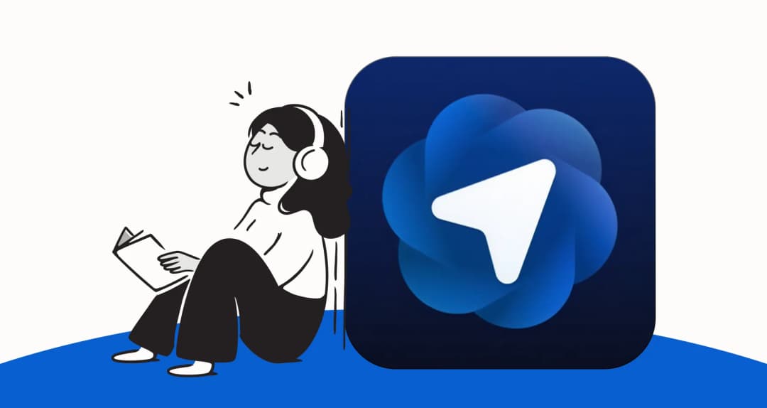 A person wearing headphones beside a large blue browser icon with a white arrow.