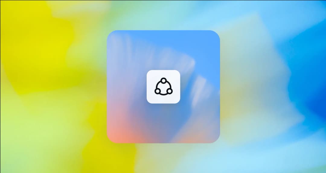 Abstract yellow and blue gradient with a central square and black connected-nodes icon
