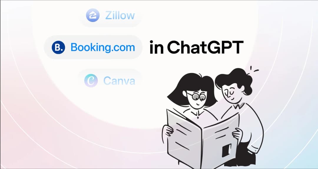 Booking.com, Zillow, and Canva apps displayed in ChatGPT beside two people reading