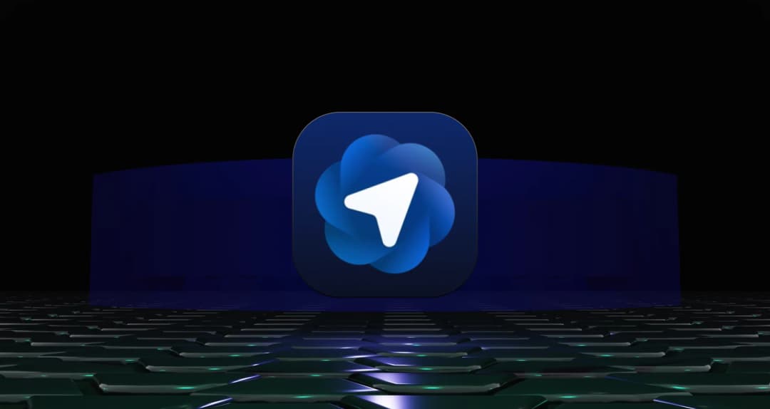 A blue browser icon with a white arrow above a dark reflective tiled surface.