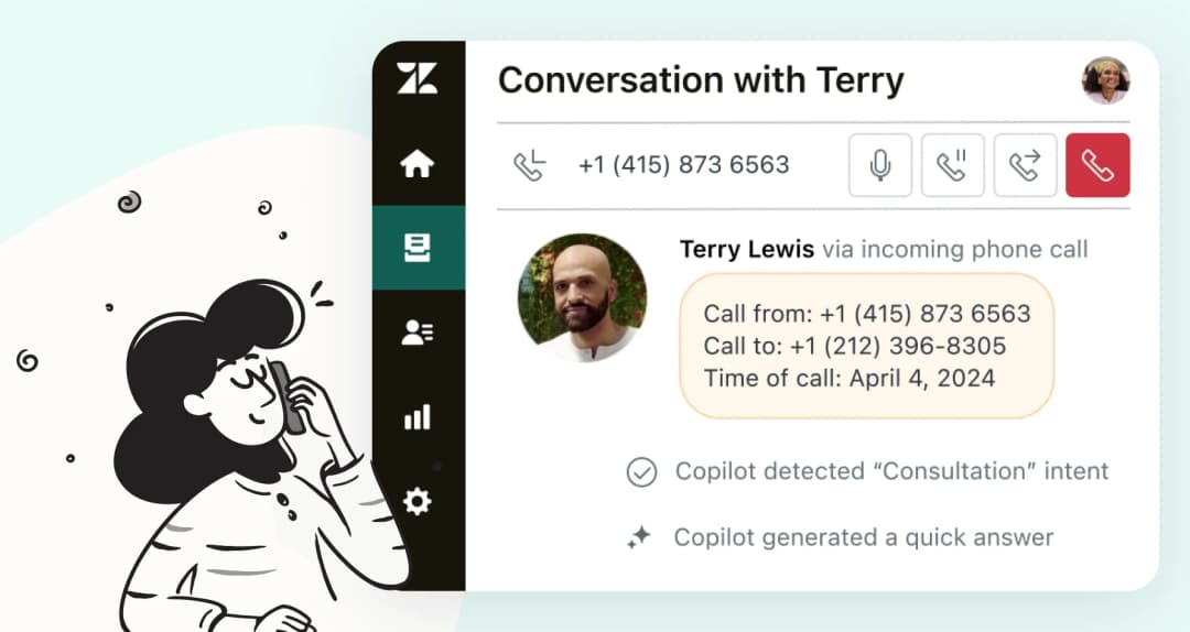 Illustration of a ringing phone interface beside the Zendesk logo