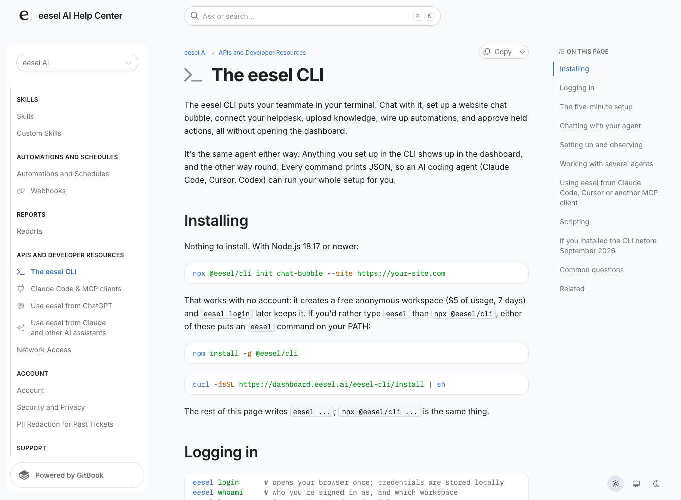 eesel CLI documentation showing same-workspace access, JSON output, and login instructions