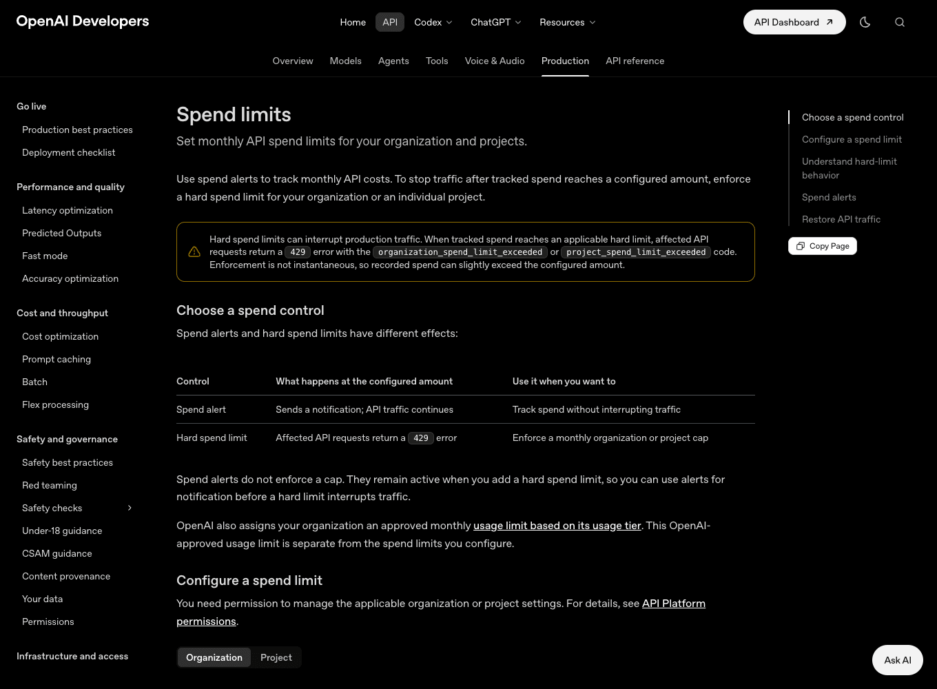 OpenAI spend-limit documentation showing alerts, hard limits, and the warning about interrupted API traffic