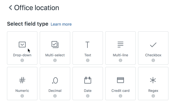 Zendesk Explore interface for selecting custom field types like Drop-down, Multi-select, and Text