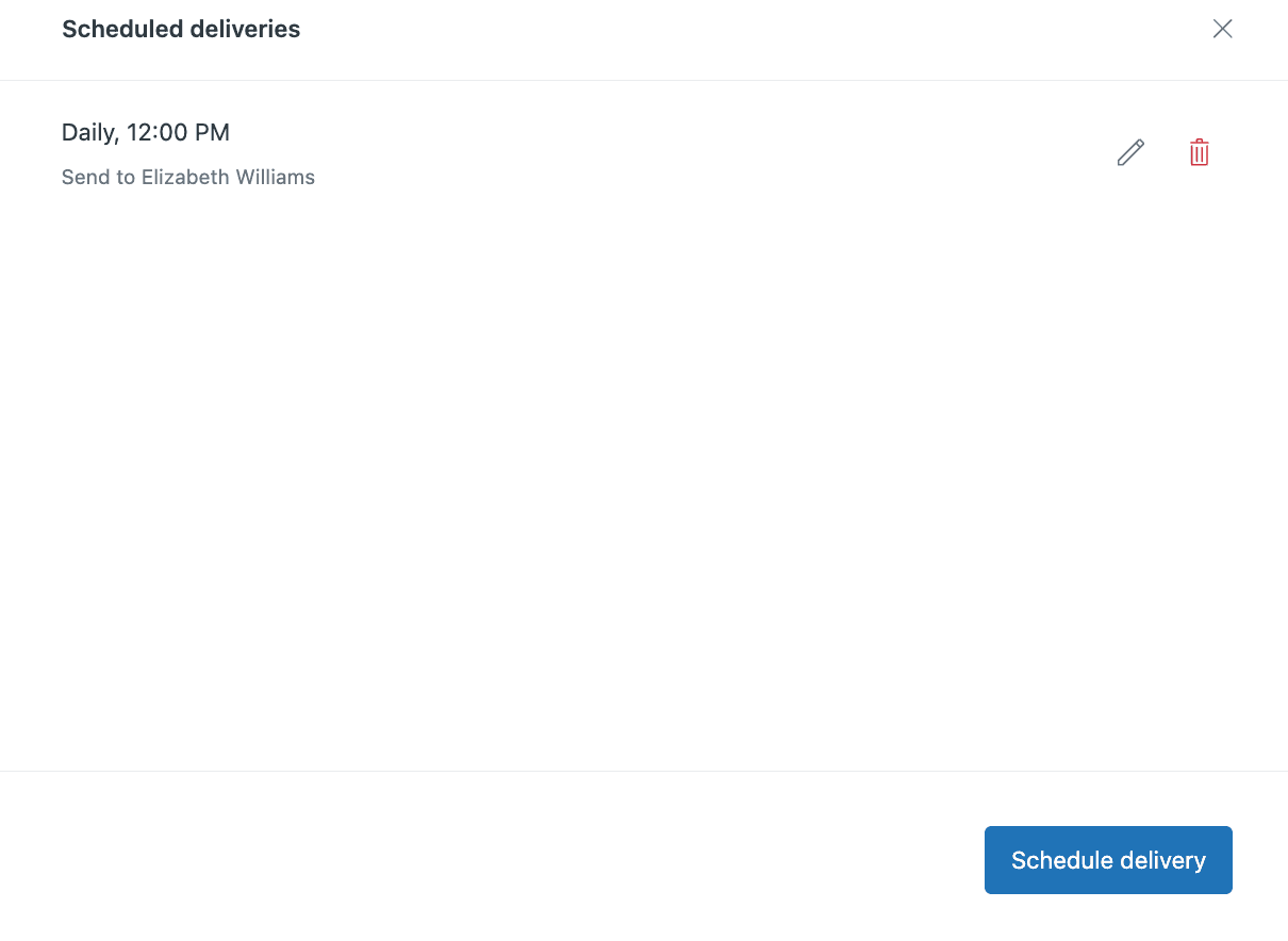 Zendesk Explore's Scheduled Deliveries panel, showing an existing scheduled delivery and the option to add a new one.