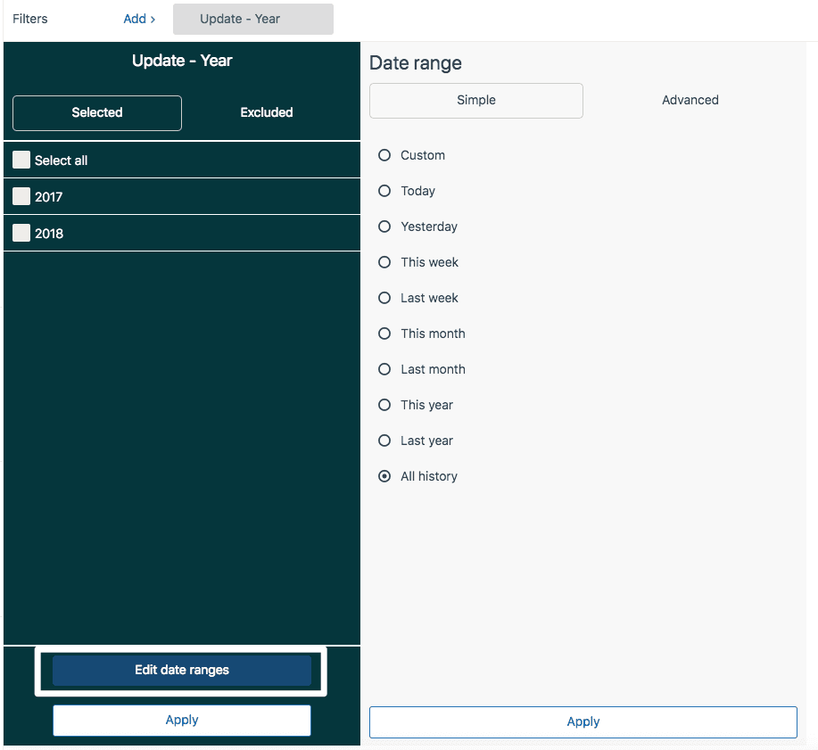 A dataset filtering interface showing an 'Update - Year' filter and a 'Date range' selection with 'All history' chosen.