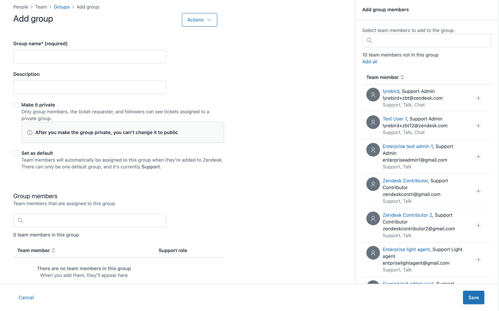 Zendesk's group creation form, allowing administrators to define group details and assign members.