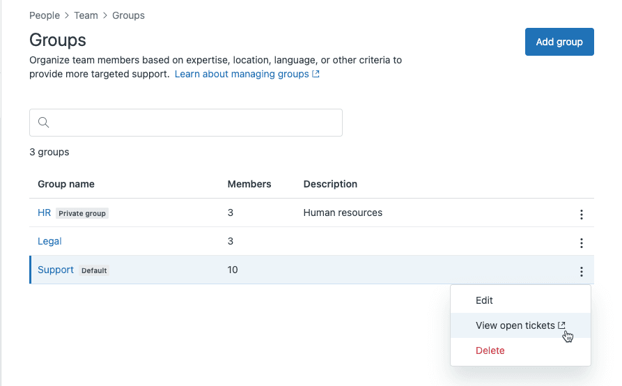 Zendesk Groups management page displaying a list of groups with a Default labeled group