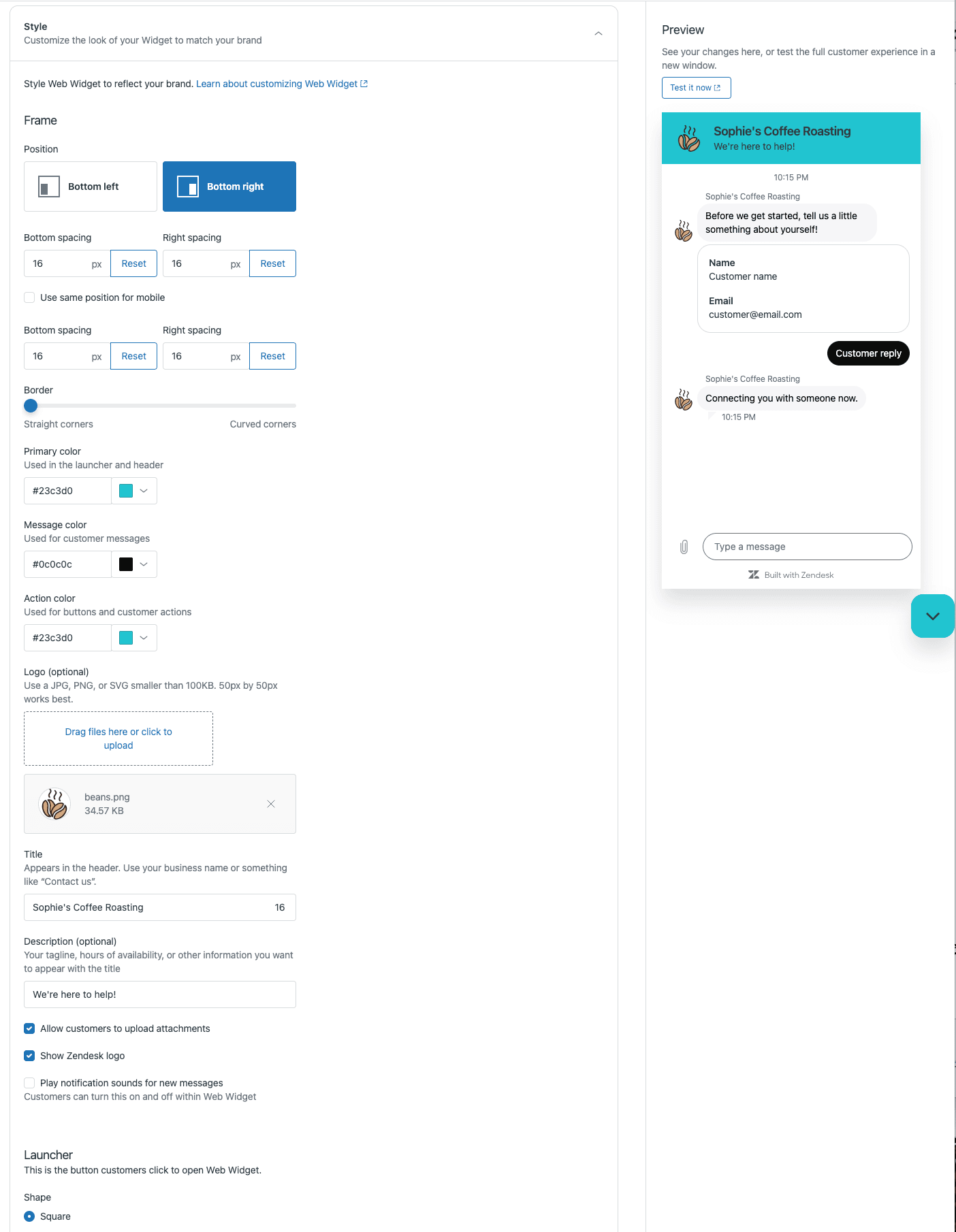 The Zendesk Admin Center showing the 'Style' settings for a Web Widget within the 'Channels' section, with a live preview of the messaging interface.