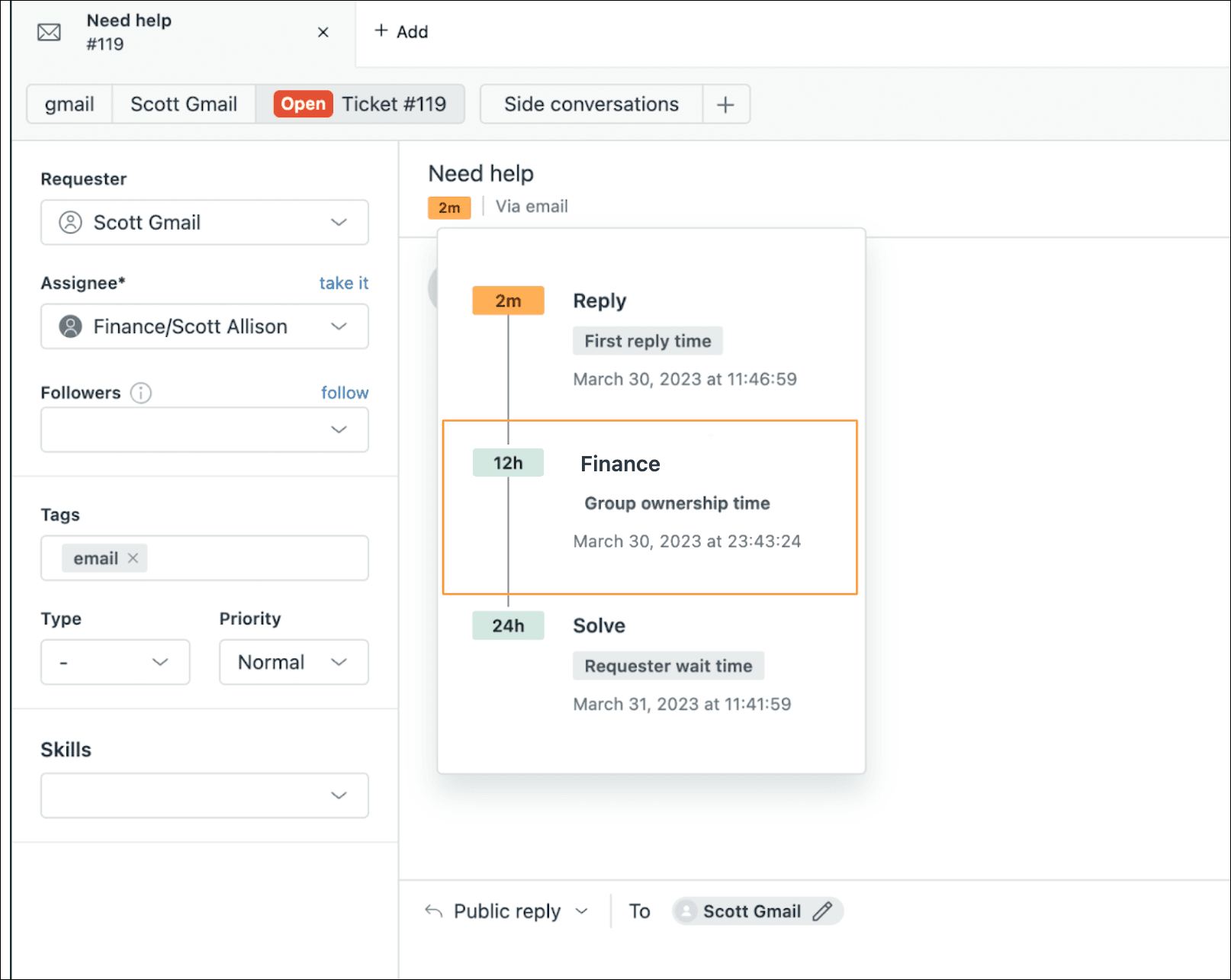 SLA progress indicators showing amber and green time-based status for reply, group ownership, and resolution