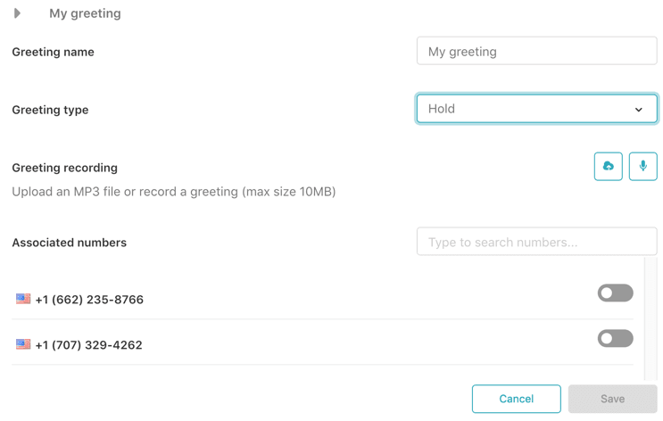 Zendesk Talk greeting configuration interface for defining greeting types and recording messages