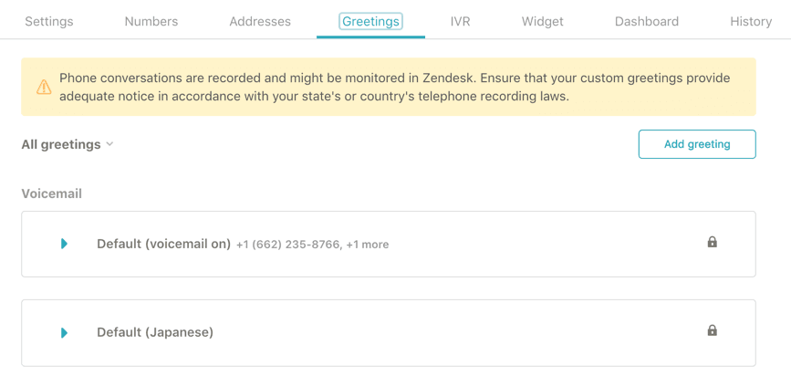 Zendesk's Greetings management interface with the Add greeting button and voicemail options.