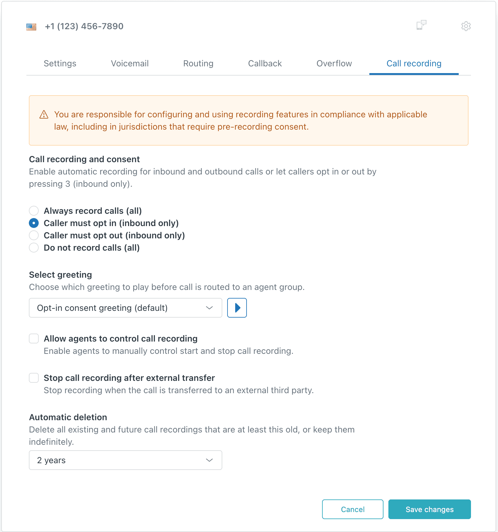 Call recording settings panel with opt-in and opt-out consent options