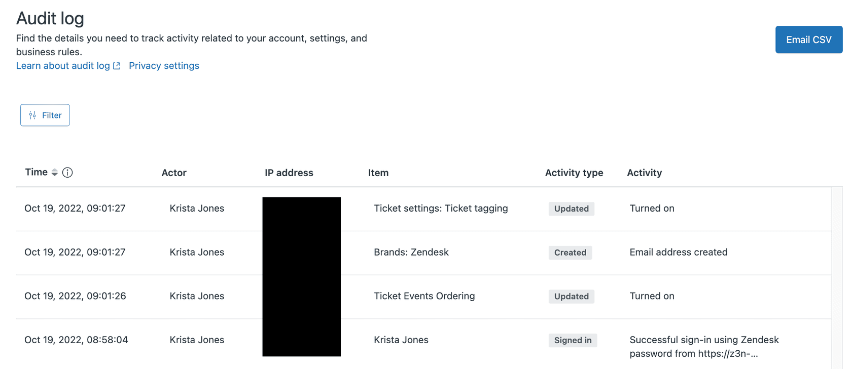 Zendesk Admin Center's audit log interface, displaying activity details with columns for Time, Actor, IP address, and Activity.