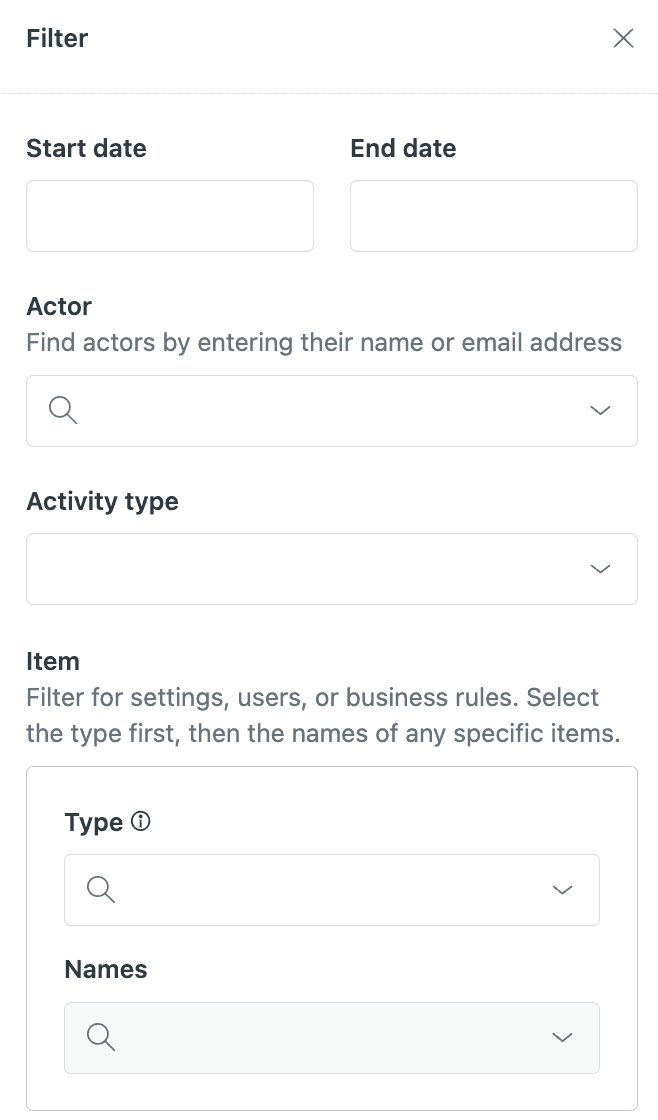 Zendesk's audit log filter drawer displaying options for date range, actor, activity type, and item type.