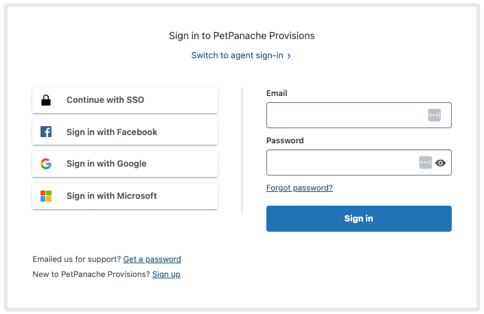 PetPanache Provisions' login page, featuring social and business SSO options for Google, Microsoft, and Facebook.