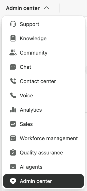 Product navigation menu showing the path from the app launcher to the Admin Center