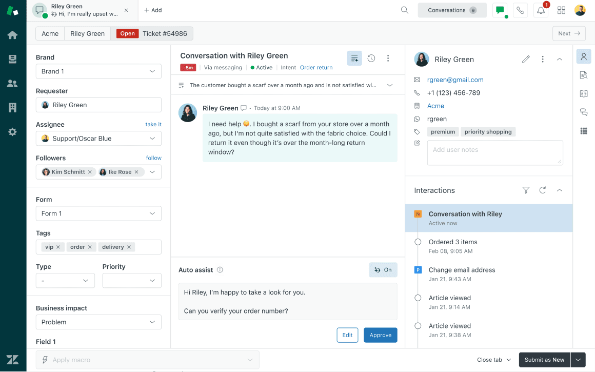 An agent workspace displaying an auto assist panel with a suggested reply and actions for a customer conversation.