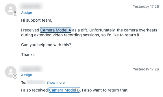 Multiple entity values highlighted in a Zendesk ticket