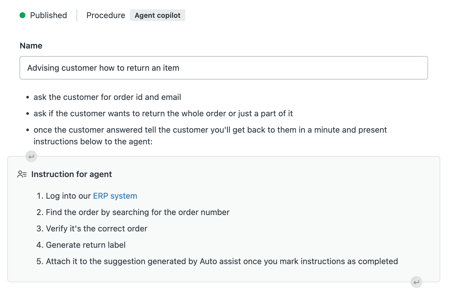Agent Copilot interface for creating procedures with customer interaction steps and agent instructions