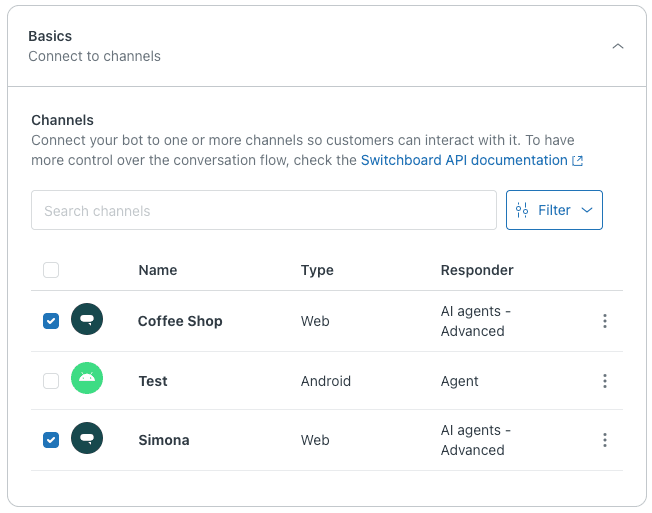A channel selection interface displaying available messaging channels like Web and Android, with checkboxes to connect a bot to selected channels.
