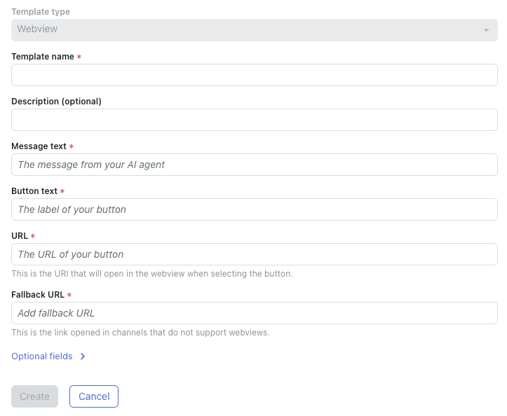 Template creation form for AI agents with structured message fields