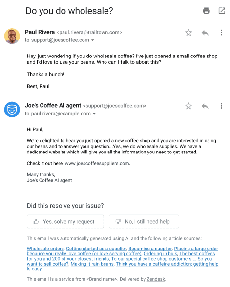 AI agent automated email response with feedback mechanism and source articles