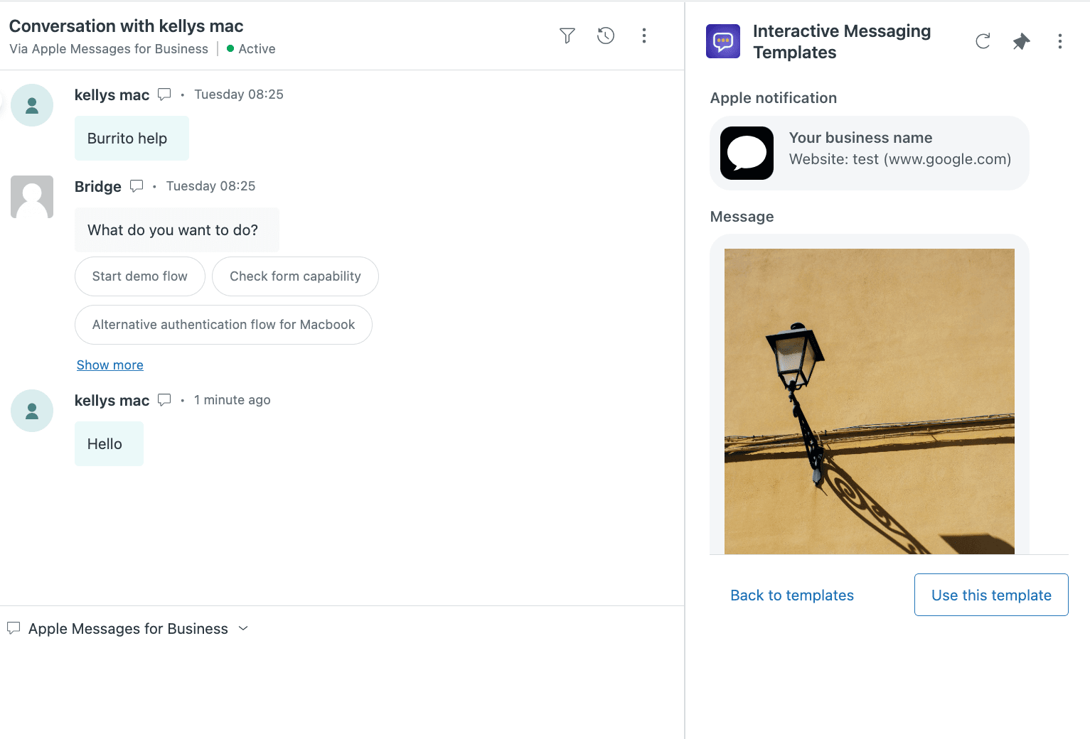 The Interactive Messaging Templates app showing template selection in a ticket sidebar, complete with rich message previews for an Apple notification and a visual message.