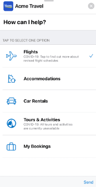 Acme Travel's interactive menu within an Apple Messages for Business chat.