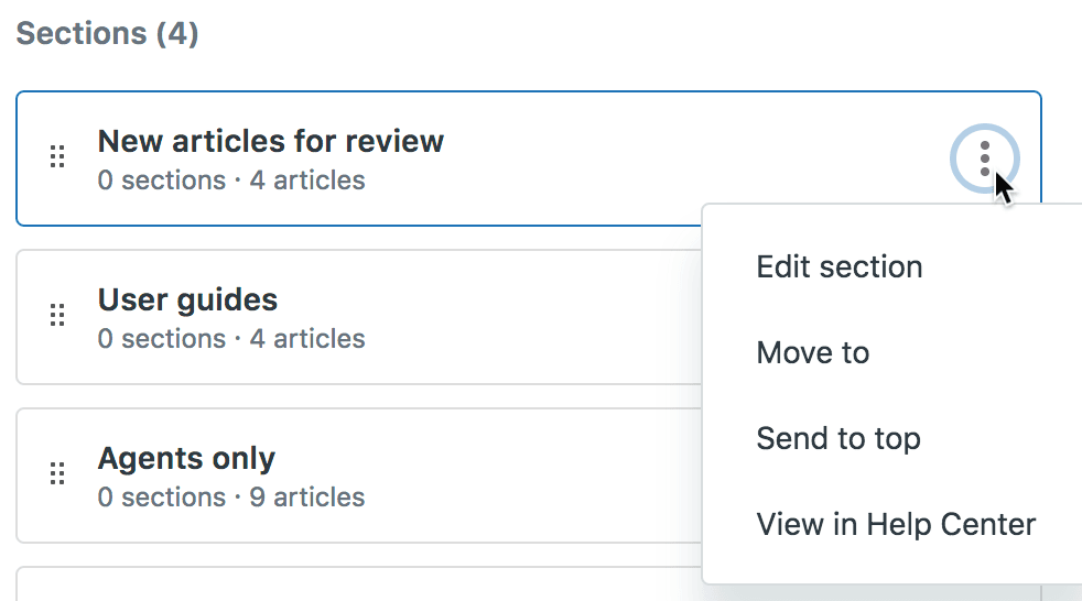 Zendesk Guide section management view with context menu for editing content