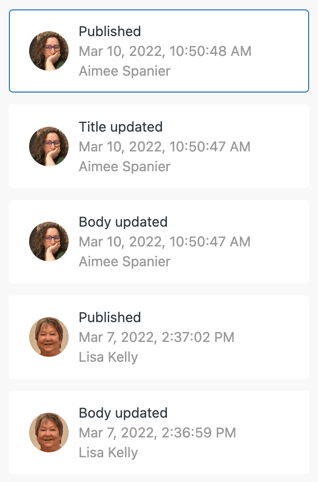 Zendesk Guide revisions panel showing article version list