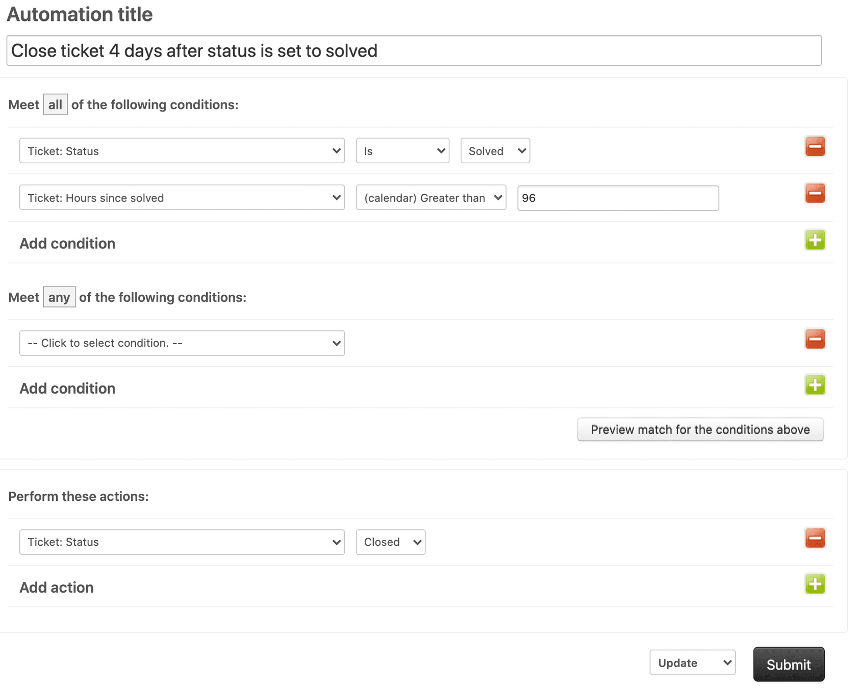 Zendesk automation builder showing conditions and actions configuration