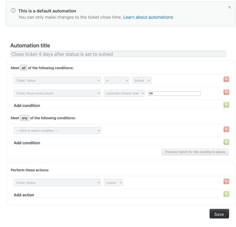 Zendesk default auto-close automation settings for solved tickets
