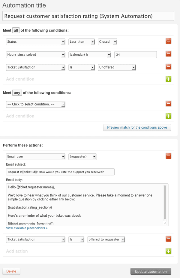 Zendesk's default automation configuration for requesting customer satisfaction ratings