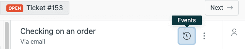 Agent Workspace conversation header with Events icon tooltip