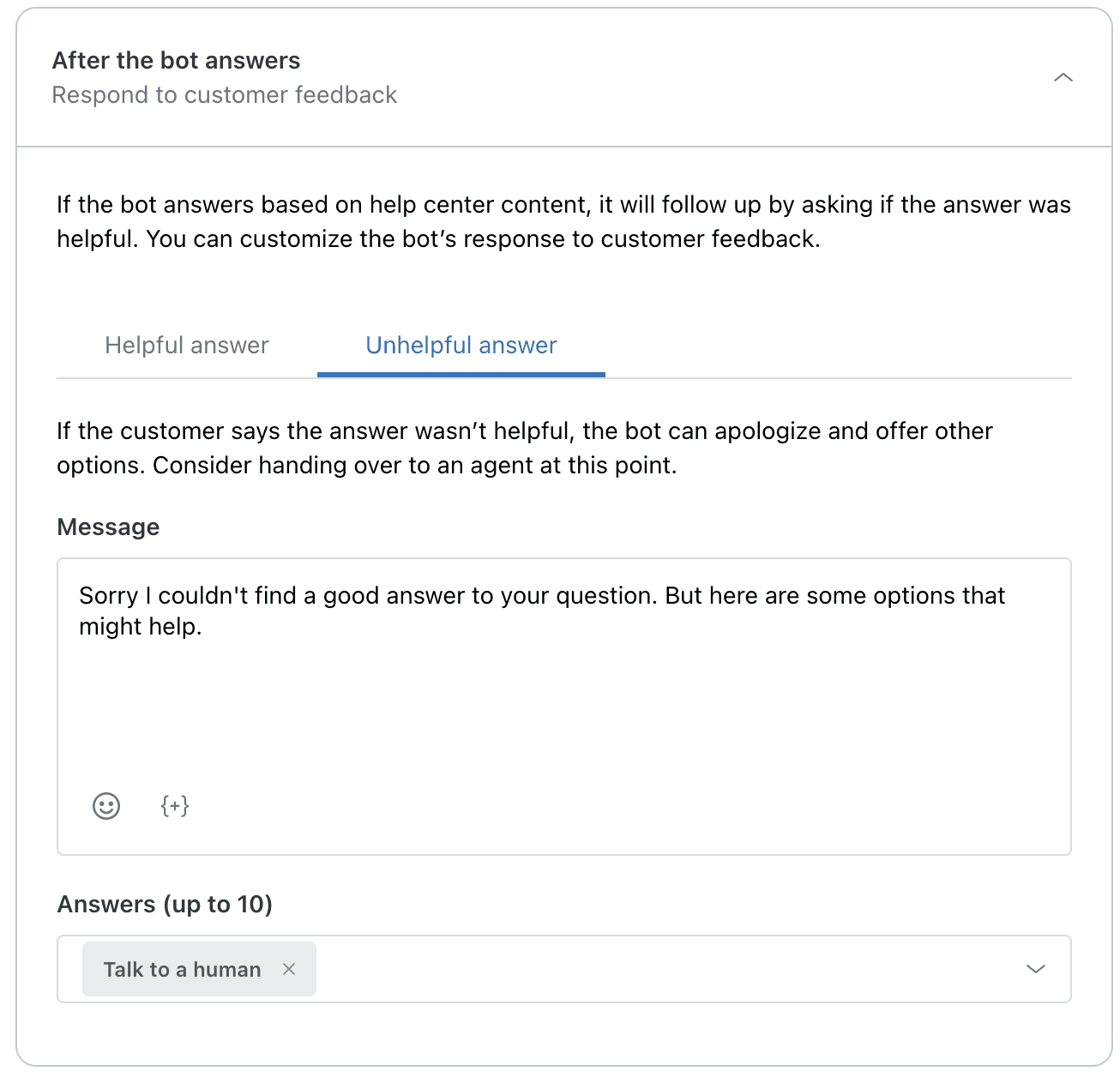 AI agent standard responses configuration panel for unhelpful customer feedback with escalation options.