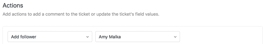 Zendesk trigger creation interface showing the 'Add follower' action