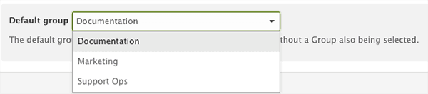 Admin Center group settings displaying the Default group dropdown with Documentation currently selected