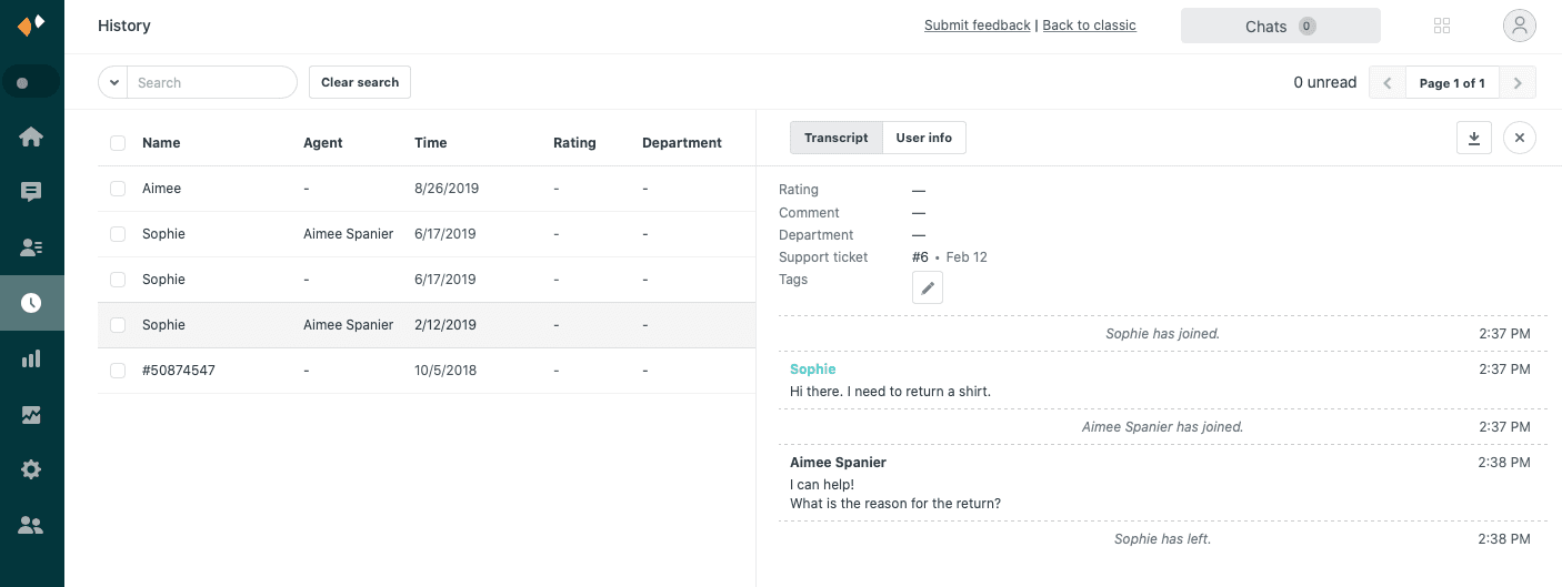 Zendesk Chat History page showing chat list with visitor information and timestamps