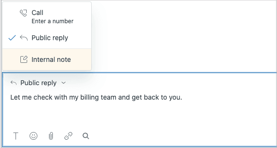 Zendesk's ticket interface showing the Public reply option selected for a customer response