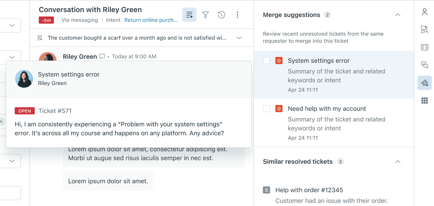 Zendesk Intelligence Panel showing merge suggestions for related tickets from the same requester
