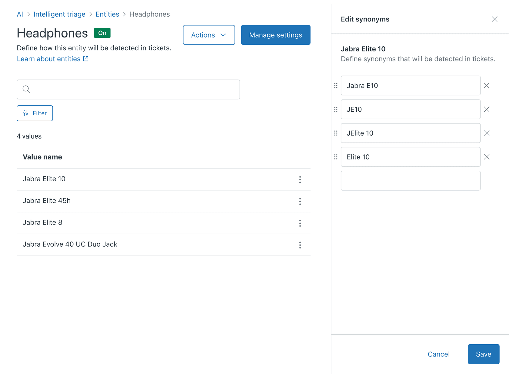 Entity synonyms management interface in Zendesk