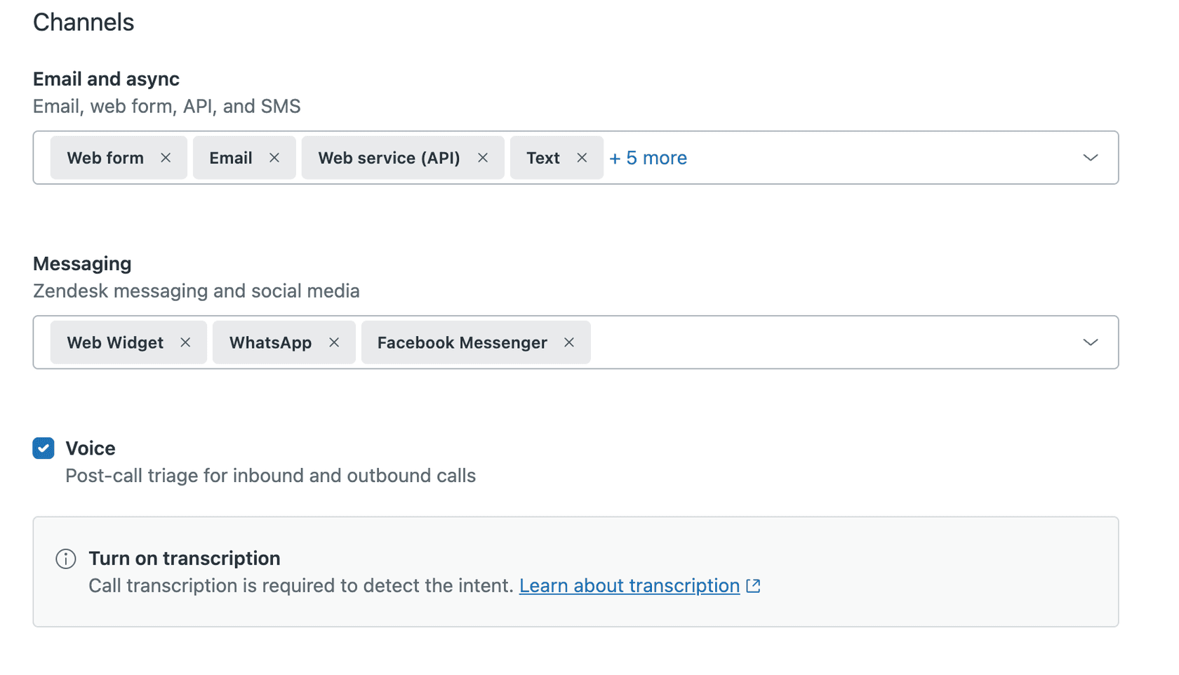 Zendesk's channel selection settings, showing options for email, messaging, and voice, with a specific note that call transcription is required to detect intent.