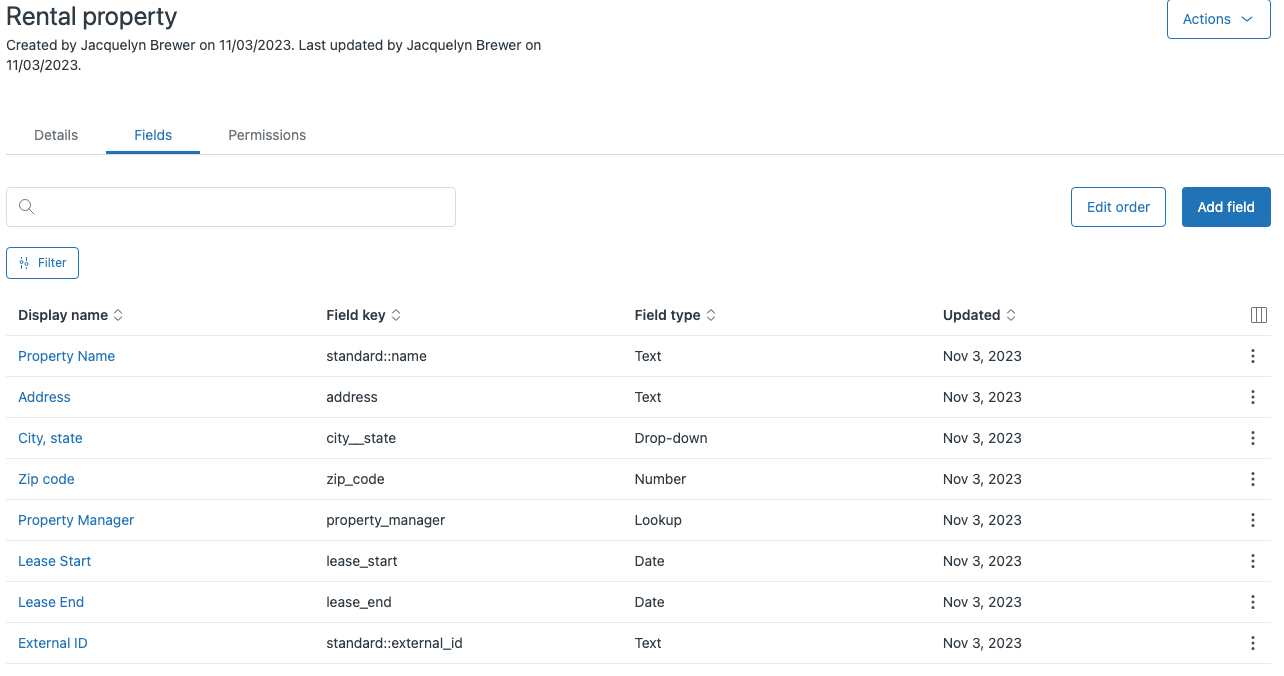 Custom object fields configuration panel with various field type options