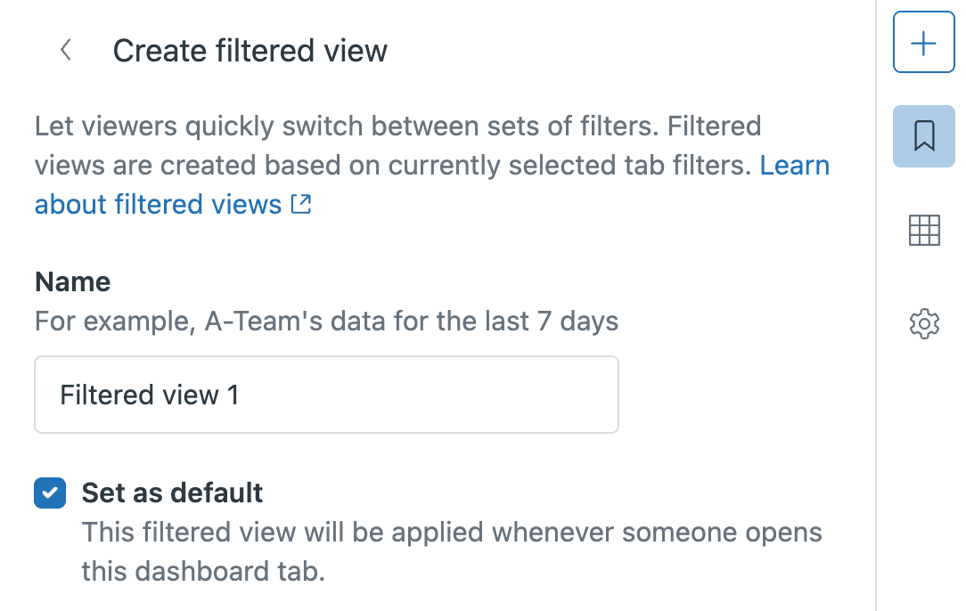 UI panel for creating a new filtered view with naming and default settings