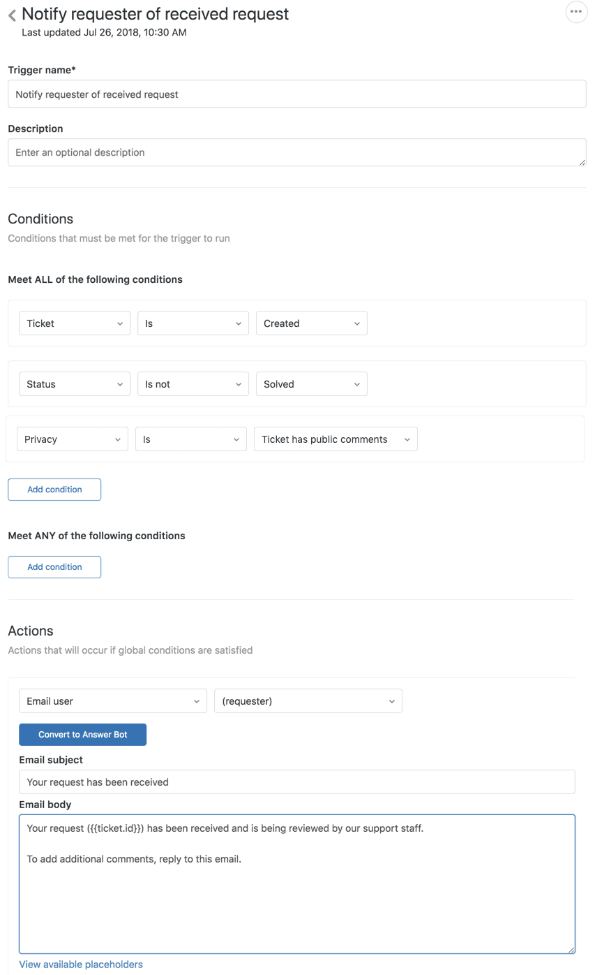 Zendesk trigger configuration interface for automating email responses