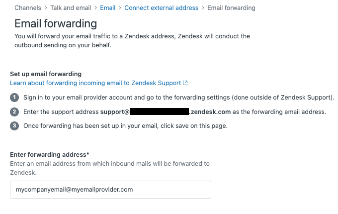 Zendesk's email forwarding setup wizard detailing the steps for connecting an external email address