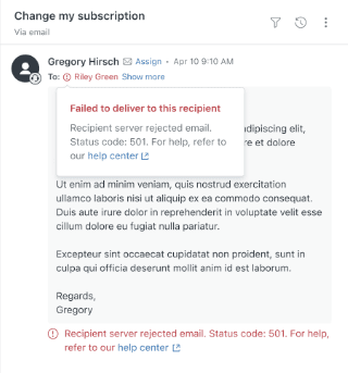 Support ticket interface showing email delivery failure warning icon next to recipient name with server rejection details