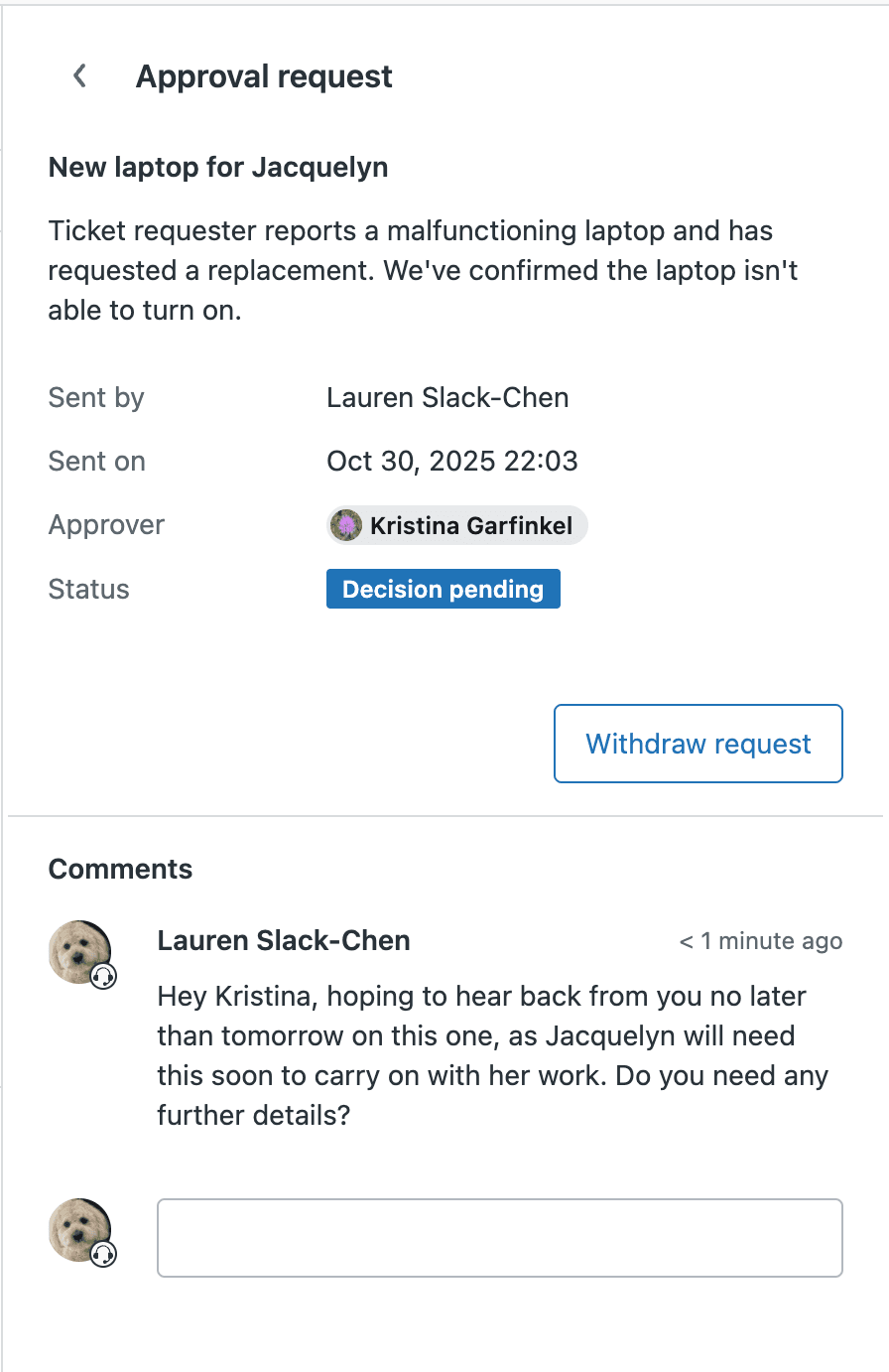 An approval request interface displaying details for a new laptop request, with an assigned approver, current status, and a comment field for discussion.